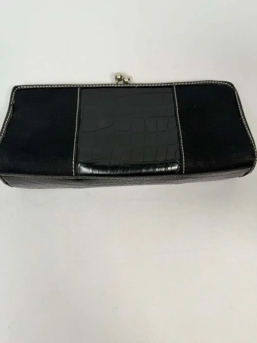 Tommy Hilfiger Black Faux Crocodile and Fabric Kiss Lock Clutch